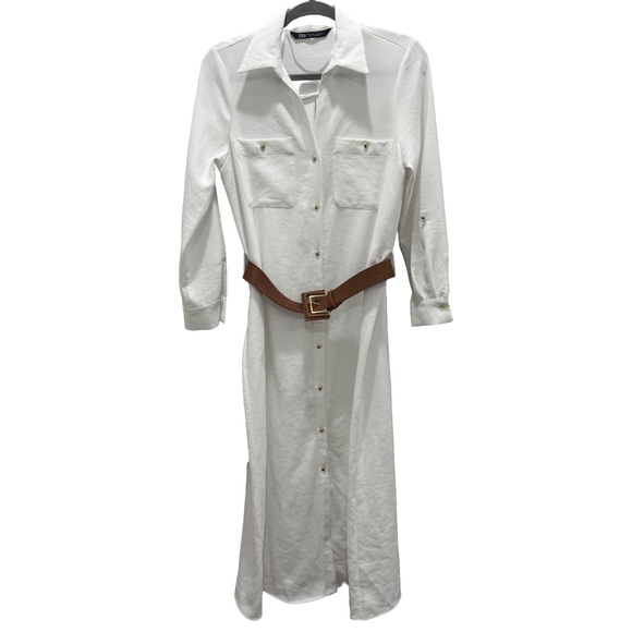 Zara White Belted Gold Button-Down Shirt Dress (Size Small) - Picture 2 of 11